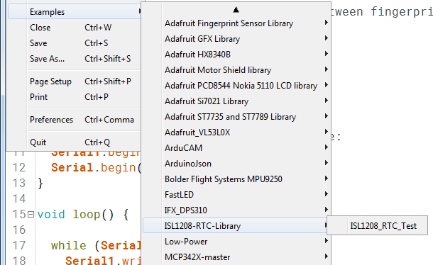 Opening the example sketch from Arduino IDE