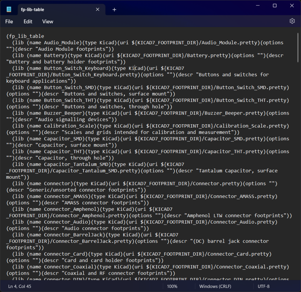 fp-lib-table file of KiCad V7 opened in a text editor