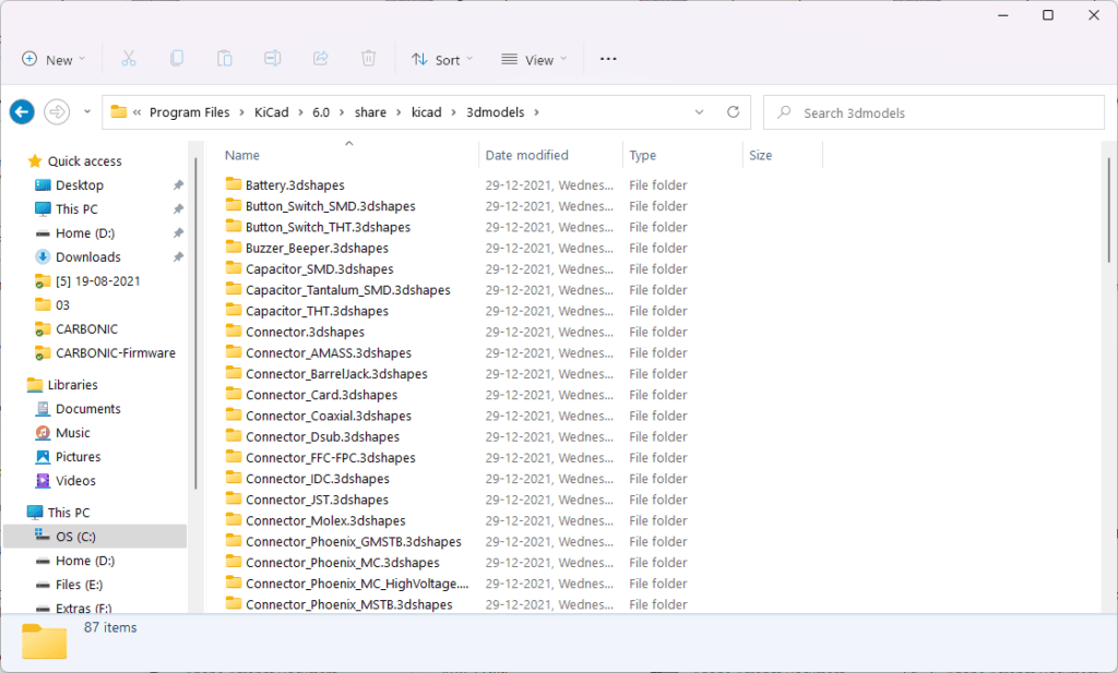 View of the 3D shapes directory of KiCad version 6 on file explorer