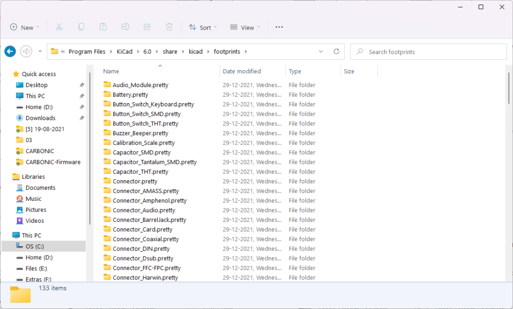 View of the footprints directory of KiCad version 6 on file explorer