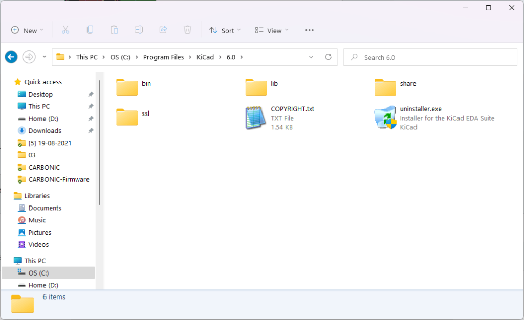 View of the default installation directory of KiCad version 6 on file explorer