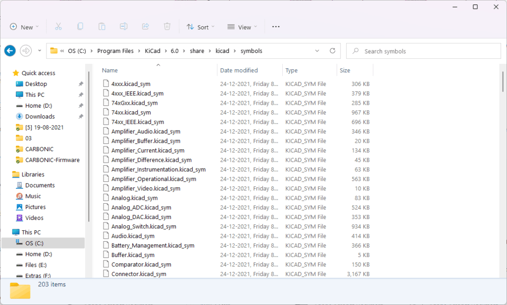 View of the symbol libraries directory of KiCad version 6 on file explorer