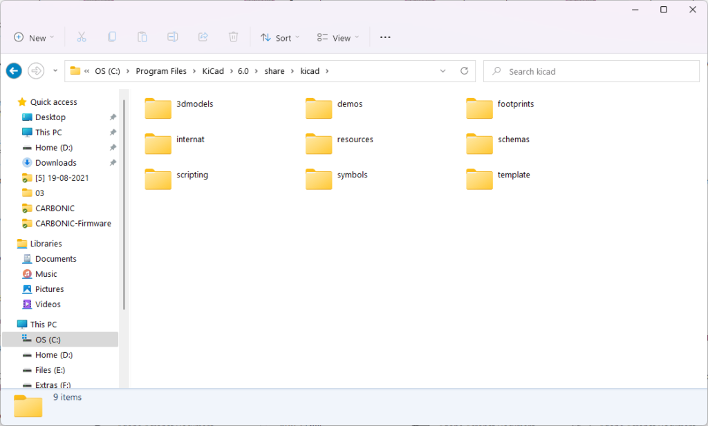 View of the share directory of KiCad version 6 on file explorer