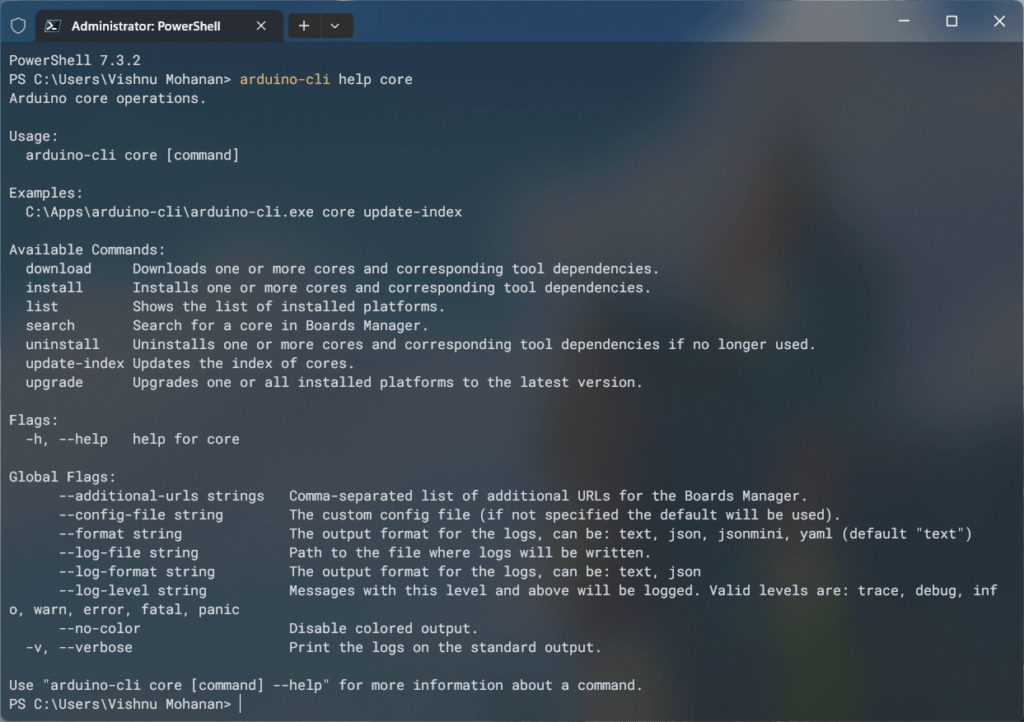Arduino CLI help command in Windows terminal powershell