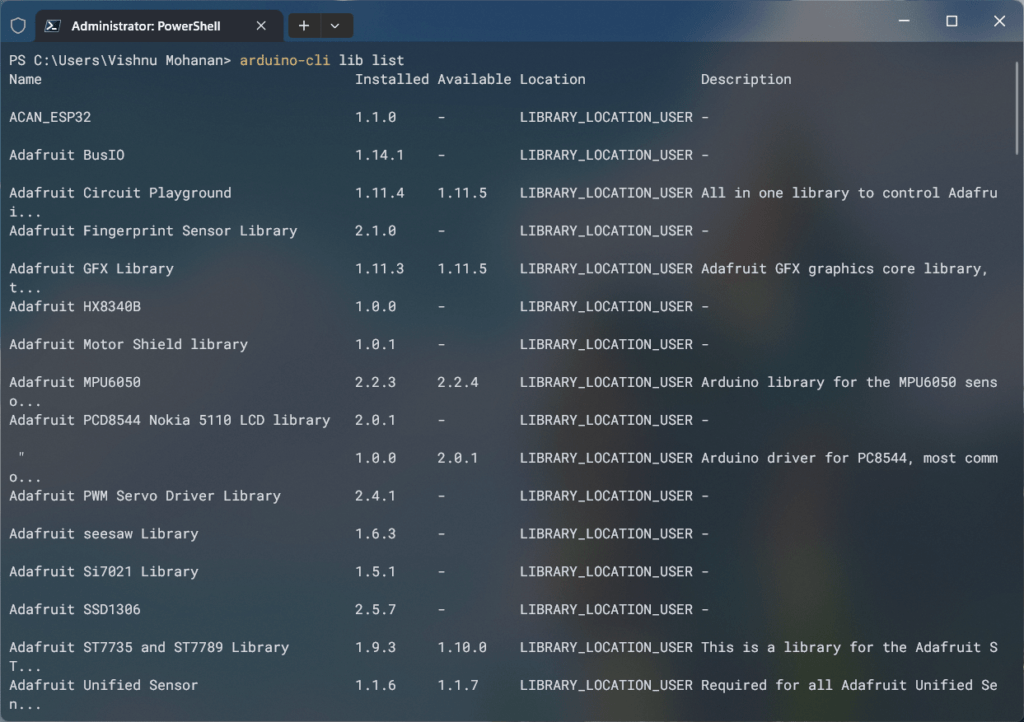 Arduino CLI library list command in Windows terminal powershell