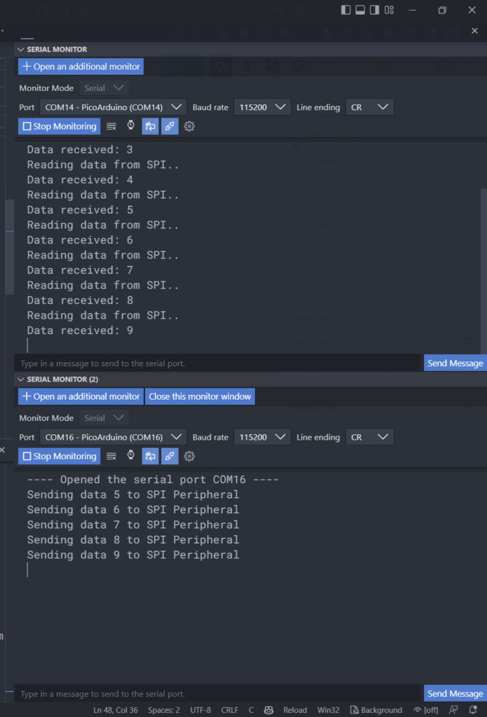 VS Code screenshot showing two serial monitors opened at the same time and showing SPI Central and Peripheral data