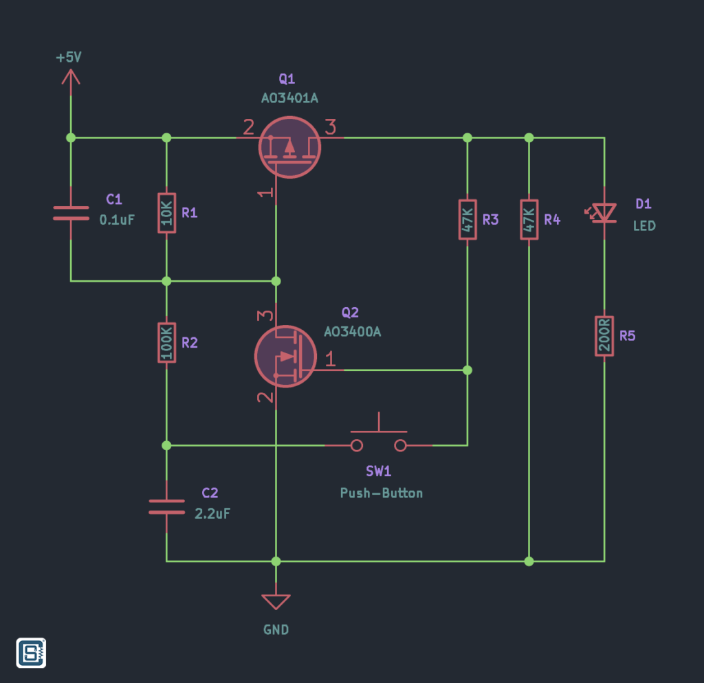 Push-Button-Controlled Soft-Latching Power Switching Circuit KiCad Schematic by CIRCUITSTATE Electroncis