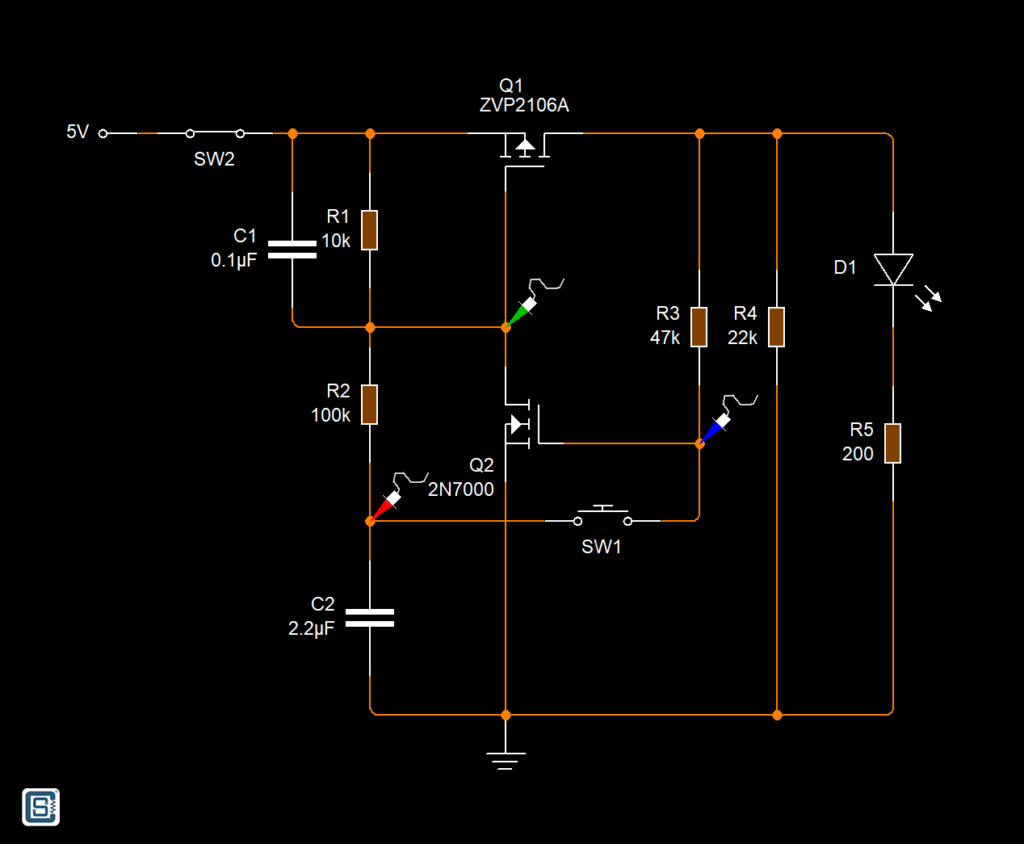 Push-Button Controlled Soft-Latching Power Switching Circuit Schematic on Circuit Wizard by CIRCUITSTATE Electroncis