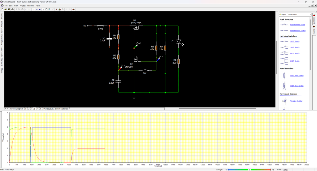 Push-Button Controlled Soft-Latching Power Switching Circuit Simulation on Circuit Wizard Button Held On State by CIRCUITSTATE Electroncis