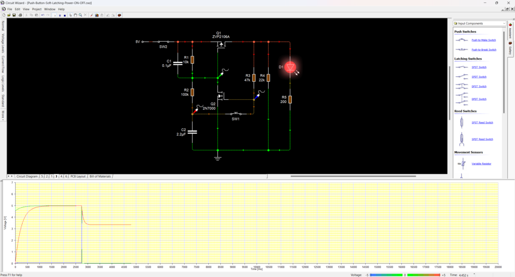 Push-Button Controlled Soft-Latching Power Switching Circuit Simulation on Circuit Wizard Button Held Off State by CIRCUITSTATE Electroncis