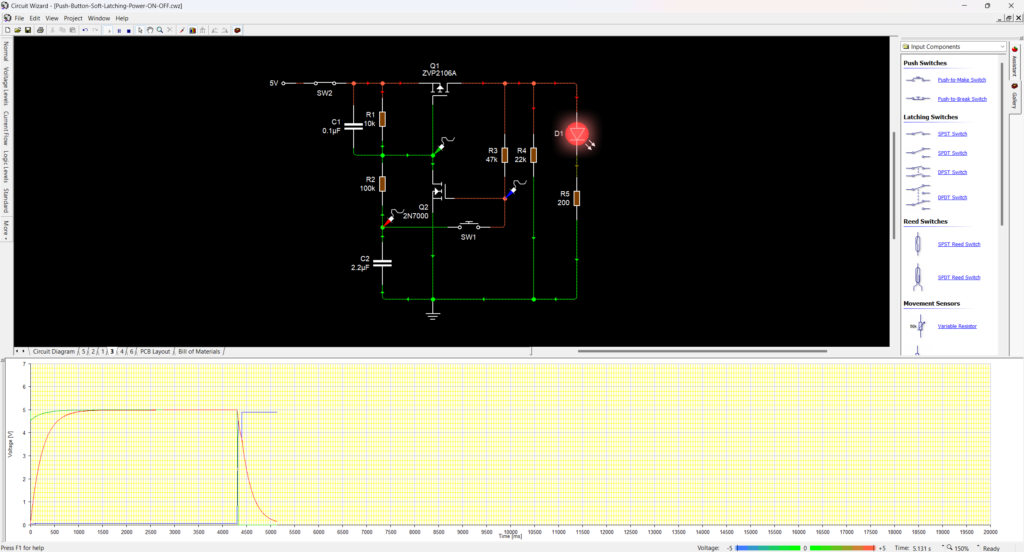 Push-Button Controlled Soft-Latching Power Switching Circuit Simulation on Circuit Wizard First On State by CIRCUITSTATE Electroncis