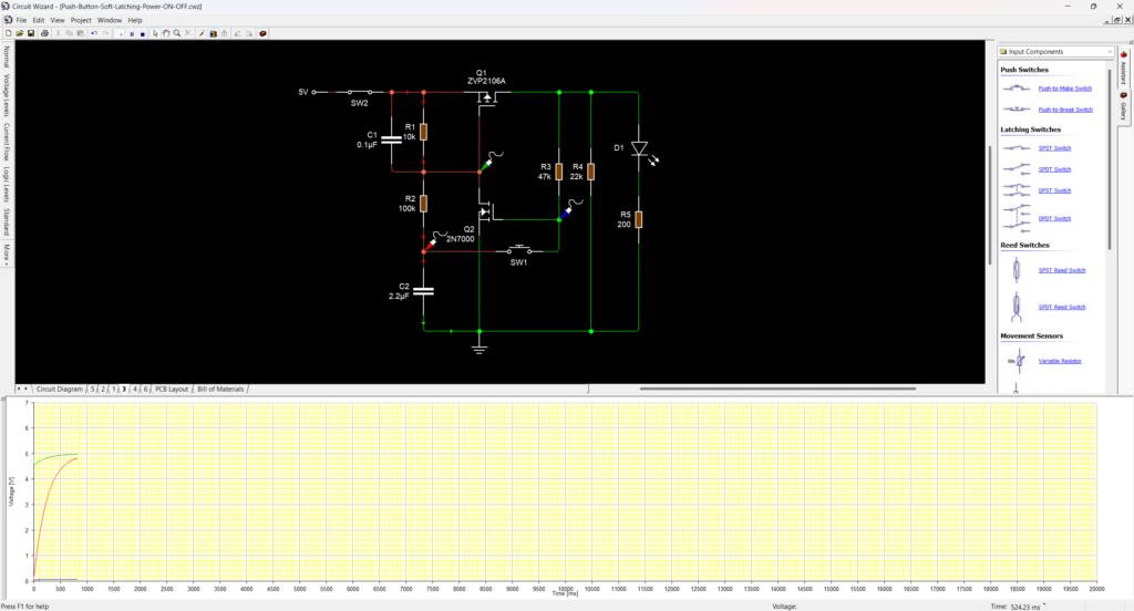 Push-Button Controlled Soft-Latching Power Switching Circuit Simulation on Circuit Wizard Initial off State by CIRCUITSTATE Electroncis