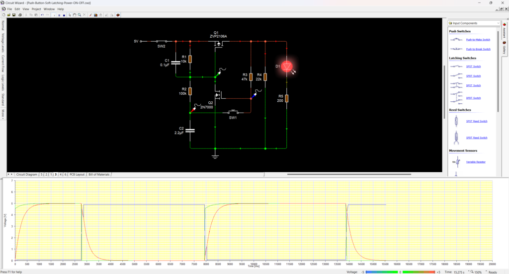 Push-Button Controlled Soft-Latching Power Switching Circuit Simulation on Circuit Wizard Second On State by CIRCUITSTATE Electroncis