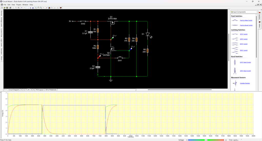 Push-Button Controlled Soft-Latching Power Switching Circuit Simulation on Circuit Wizard Second Off State by CIRCUITSTATE Electroncis