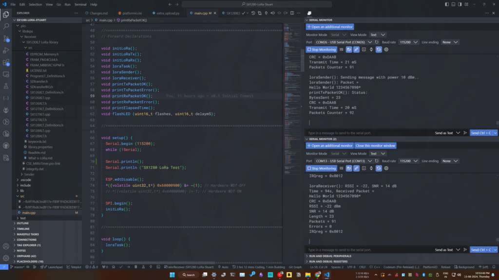 SX1280 2.4GHz LoRa Arduino Example Code with PlatformIO and VS Code by CIRCUITSTATE Electronics