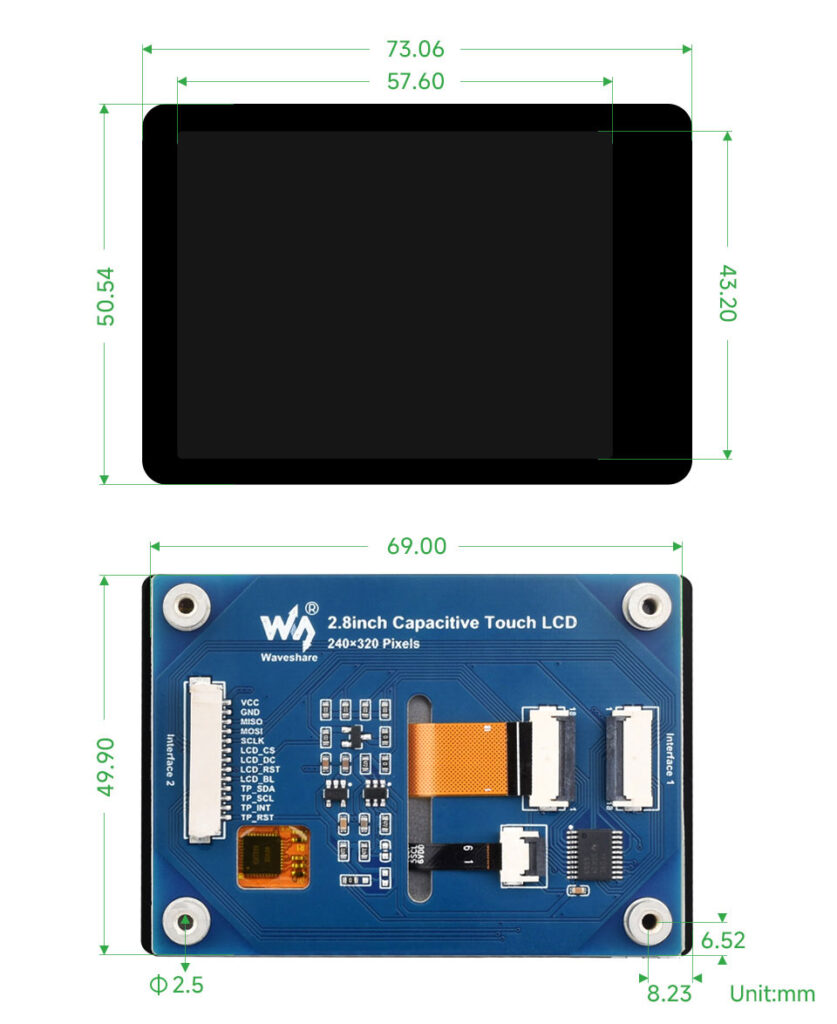 Waveshare 2.8 Inch Capacitive Touch LCD Dimensions